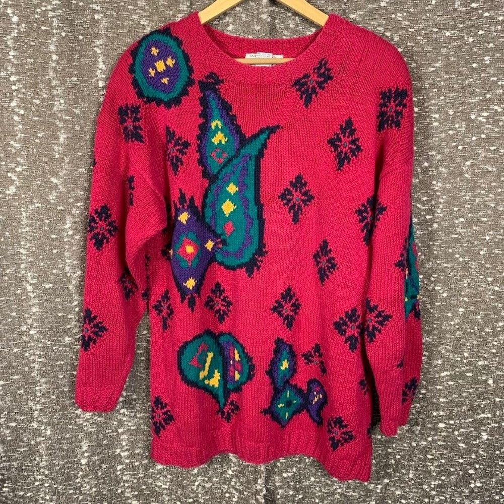 Vintage Izod Pink Paisley Knit Crewneck Sweater Retro 80s Women's Large